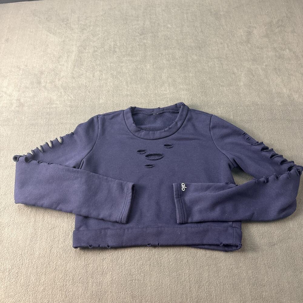Alo Yoga Women’s Crop Sweatshirt Sz M Navy Blue Distressed Holes Top Pullover